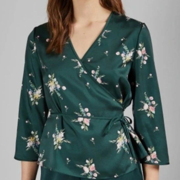 NWT Ted Baker Green Floral Flourish Wrap Top - Picture 1 of 11